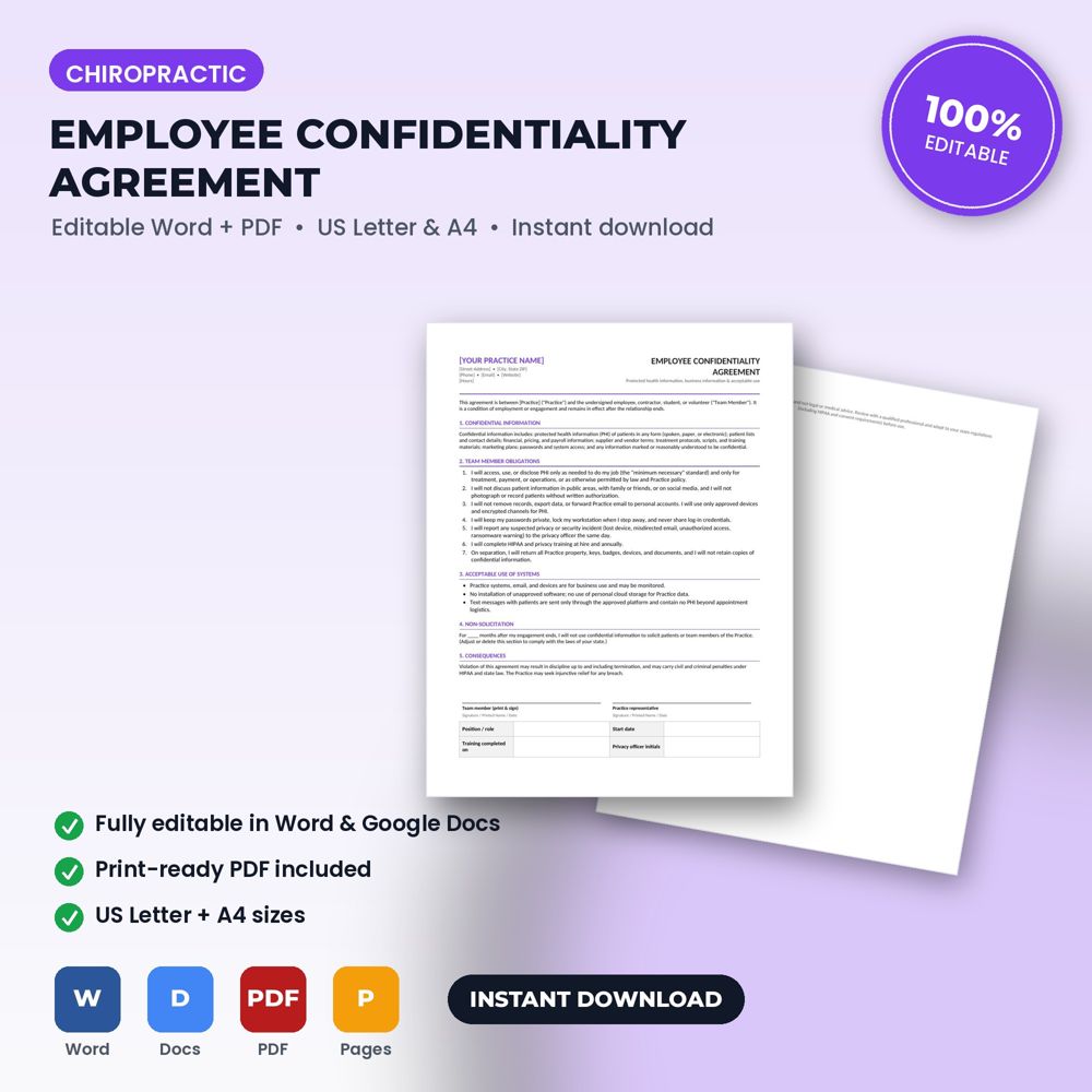 Chiropractic Office Employee Confidentiality & HIPAA Agreement — cover preview