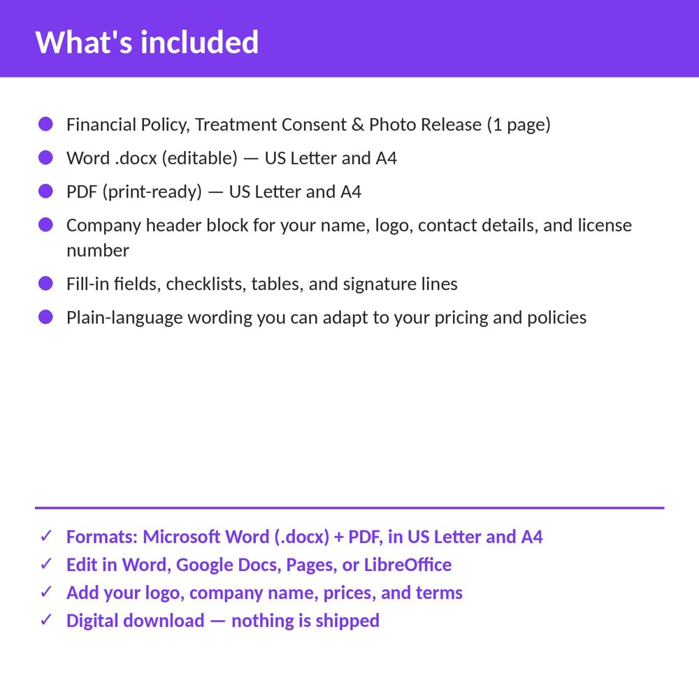Chiropractic Office Financial Policy, Treatment Consent & Photo Release — what is included