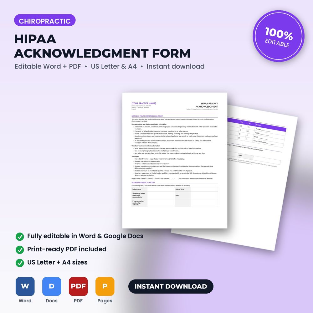 Chiropractic Office HIPAA Notice of Privacy Practices Acknowledgment & Communication Consent — cover preview