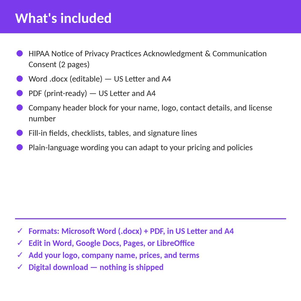 Chiropractic Office HIPAA Notice of Privacy Practices Acknowledgment & Communication Consent — what is included