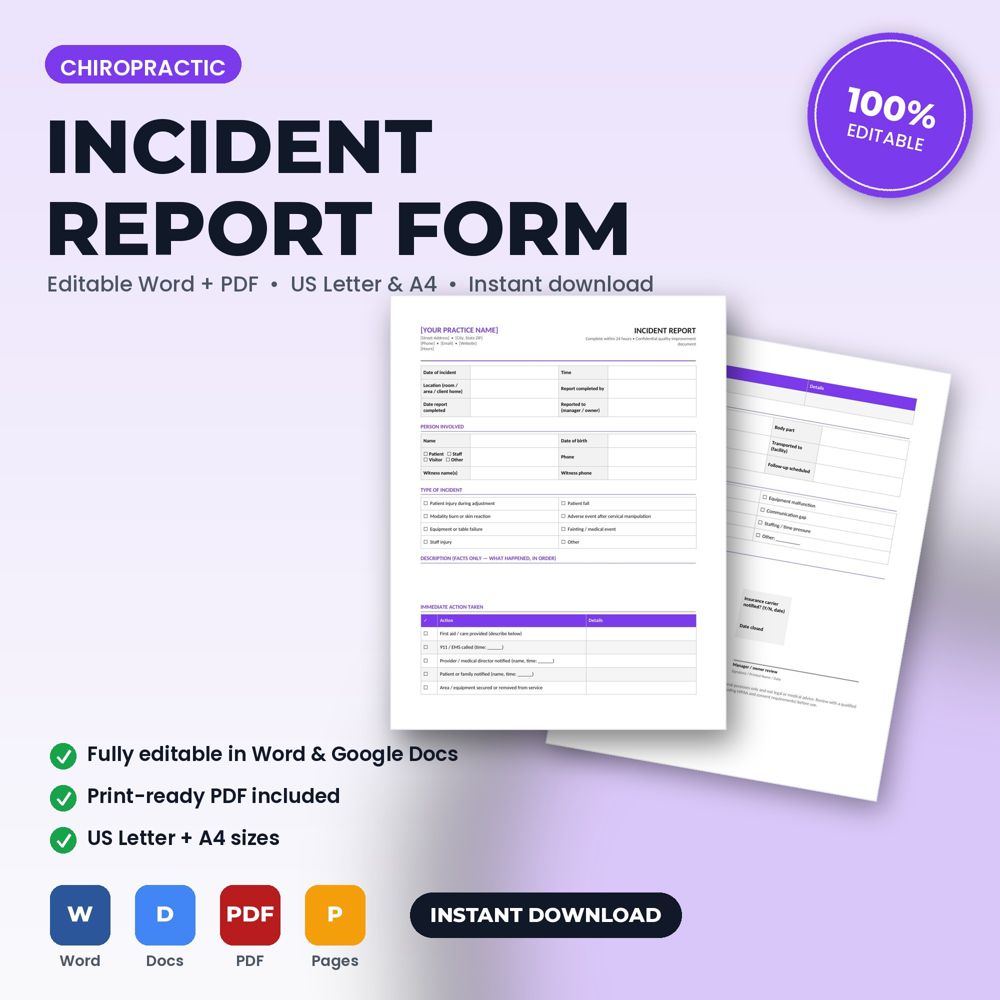 Chiropractic Office Incident & Adverse Event Report Form — cover preview