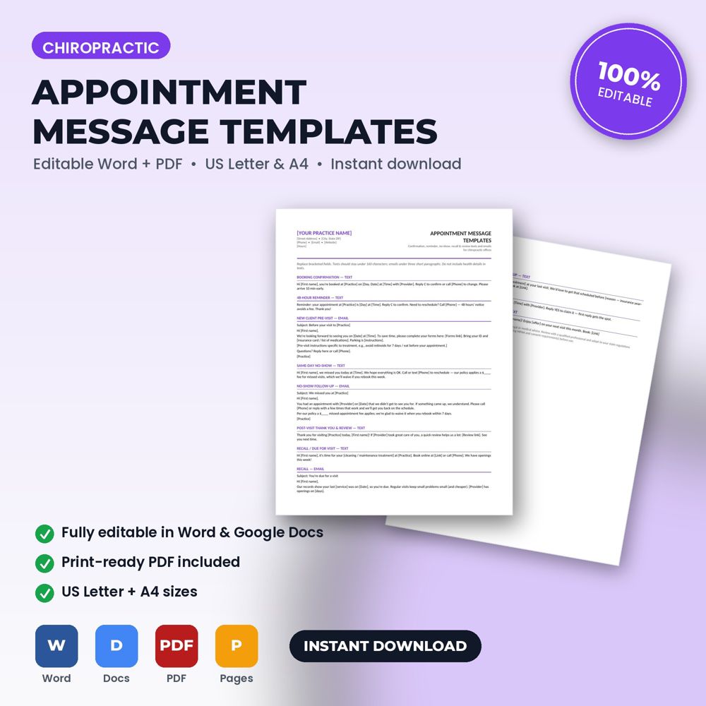Chiropractic Office Appointment Confirmation, Reminder, No-Show & Recall Message Templates — cover preview