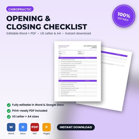 Chiropractic Office Daily Opening & Closing Checklist — Chiropractic Office template cover