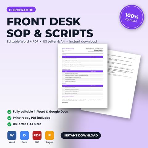 Chiropractic Office Front Desk SOP, Daily Task List & Phone Scripts — Chiropractic Office template cover