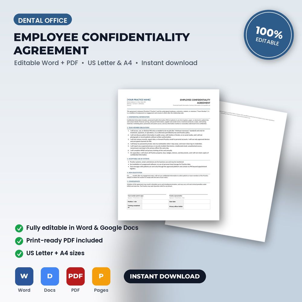 Dental Office Employee Confidentiality & HIPAA Agreement — cover preview