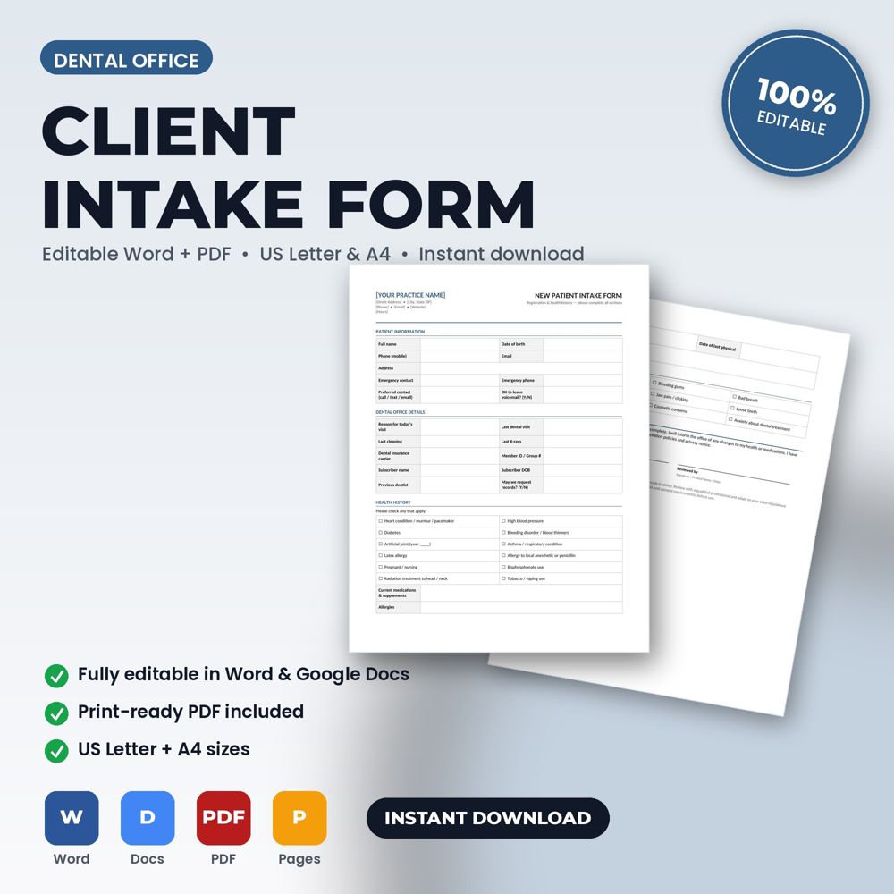 Dental Office New Patient / Client Intake & Health History Form — cover preview