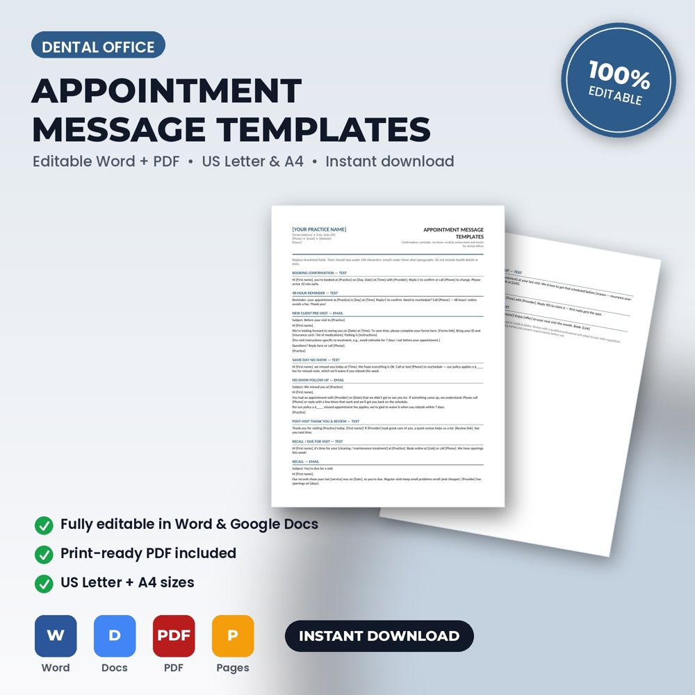 Dental Office Appointment Confirmation, Reminder, No-Show & Recall Message Templates — cover preview