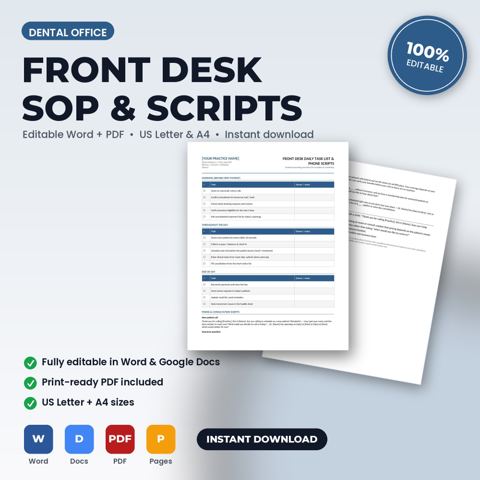 Dental Office Front Desk SOP, Daily Task List & Phone Scripts — Dental Office template cover