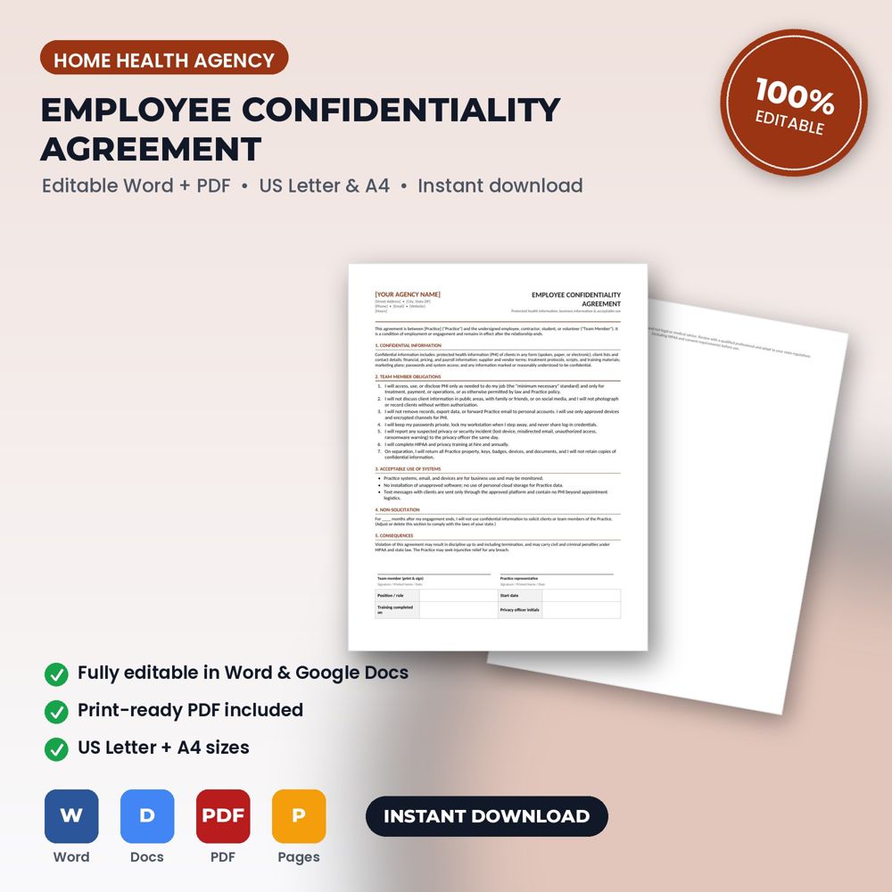 Home Health Agency Employee Confidentiality & HIPAA Agreement — cover preview