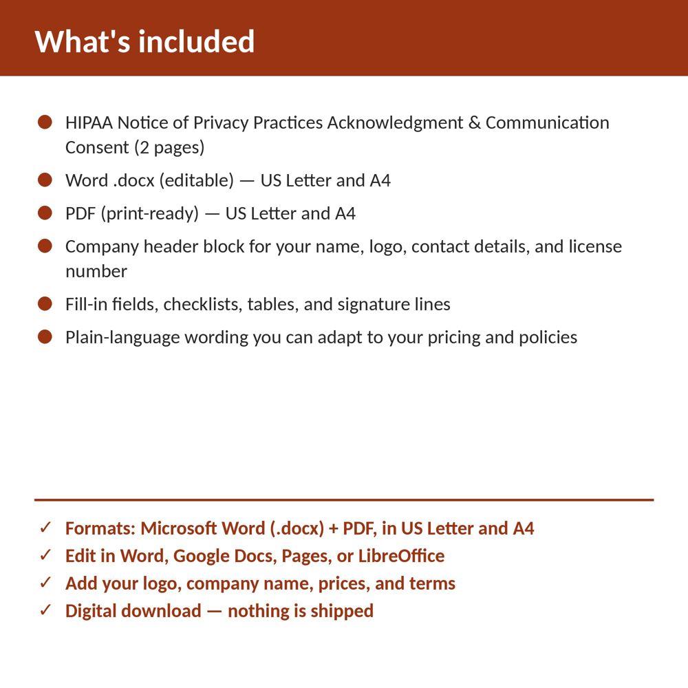 Home Health Agency HIPAA Notice of Privacy Practices Acknowledgment & Communication Consent — what is included