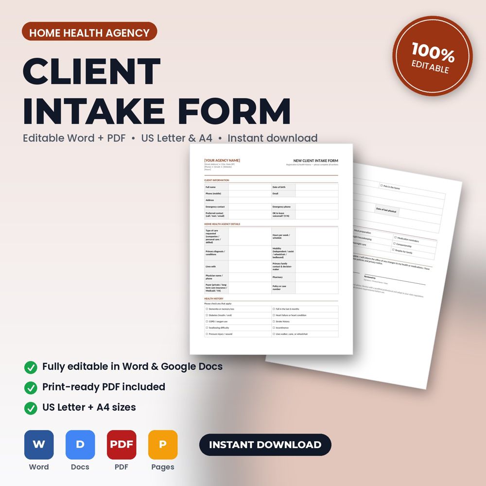 Home Health Agency New Patient / Client Intake & Health History Form — cover preview