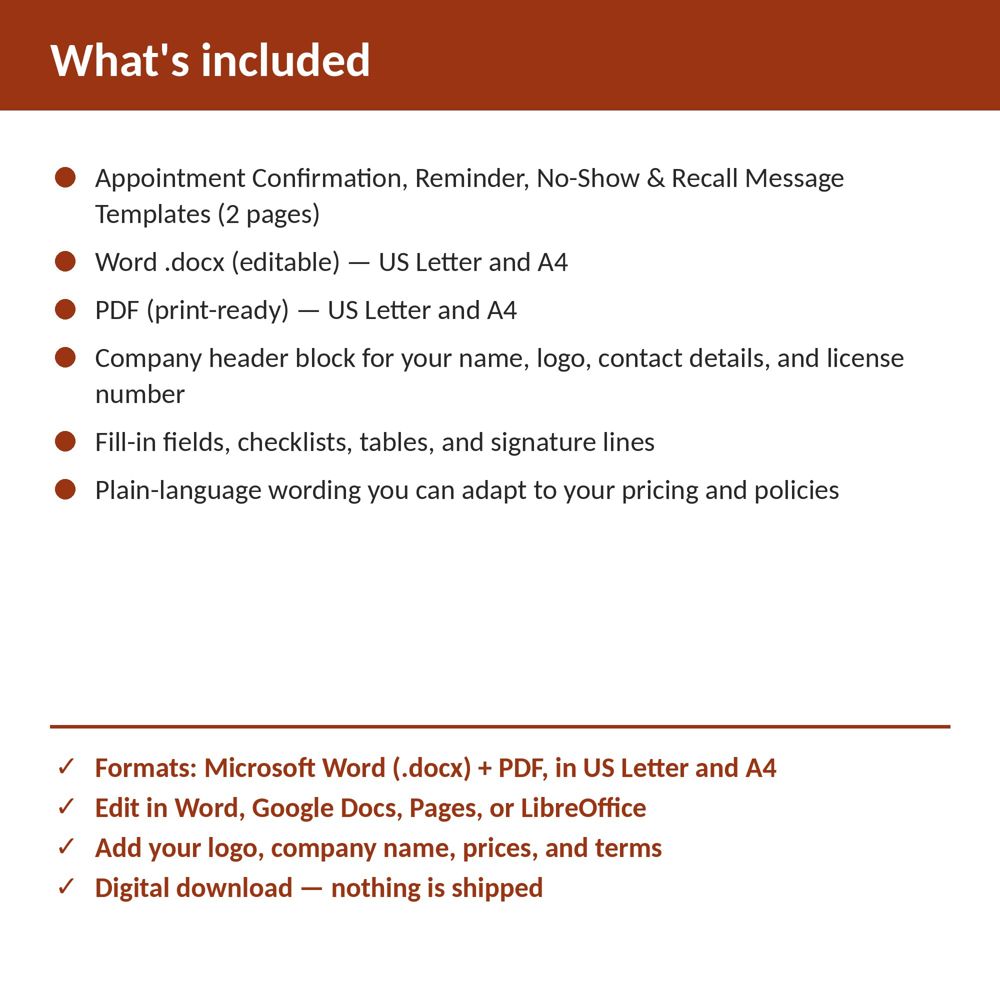 Home Health Agency Appointment Confirmation, Reminder, No-Show & Recall Message Templates — what is included