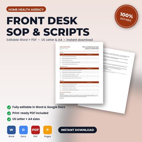 Home Health Agency Front Desk SOP, Daily Task List & Phone Scripts — Home Health Agency template cover