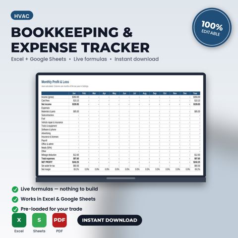 HVAC Bookkeeping, Expense & Mileage Tracker Spreadsheet — HVAC template cover
