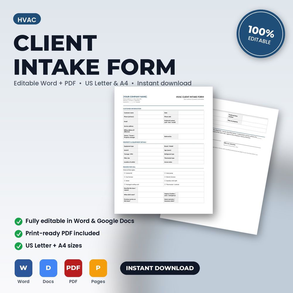HVAC Client Intake & Property Information Form — cover preview