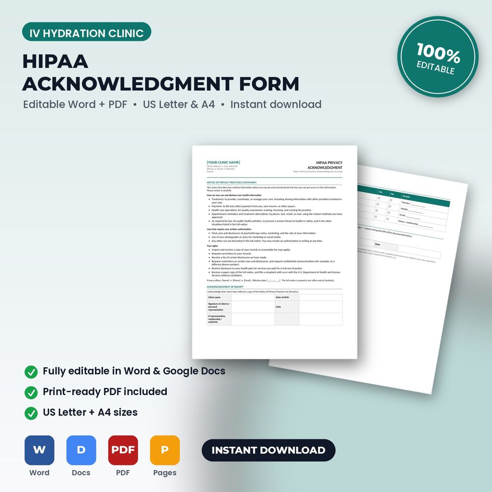 IV Hydration Clinic HIPAA Notice of Privacy Practices Acknowledgment & Communication Consent — cover preview