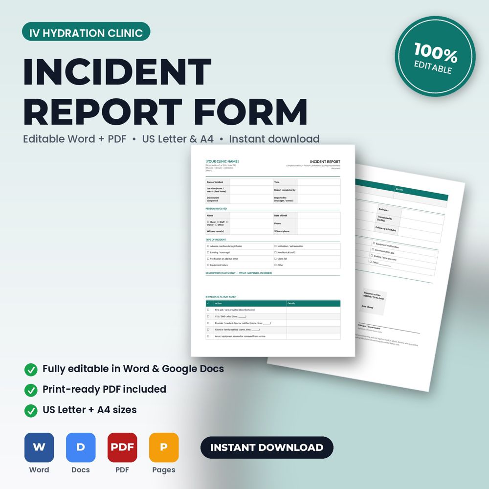 IV Hydration Clinic Incident & Adverse Event Report Form — cover preview