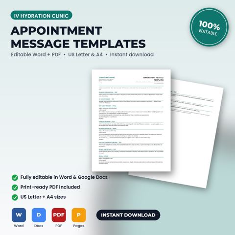 IV Hydration Clinic Appointment Confirmation, Reminder, No-Show & Recall Message Templates — IV Hydration Clinic template cover