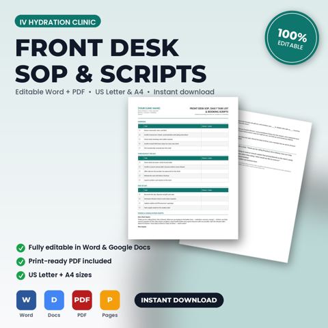 IV Hydration Clinic Front Desk SOP, Daily Task List & Phone Scripts — IV Hydration Clinic template cover
