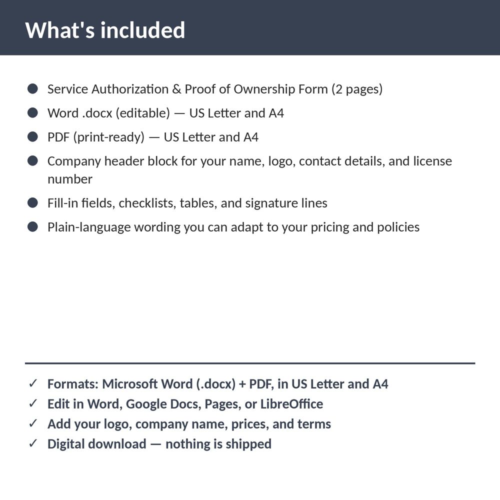 Locksmith Service Authorization & Proof of Ownership Form — what is included