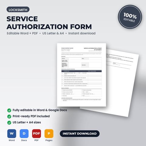 Locksmith Service Authorization & Proof of Ownership Form — Locksmith template cover