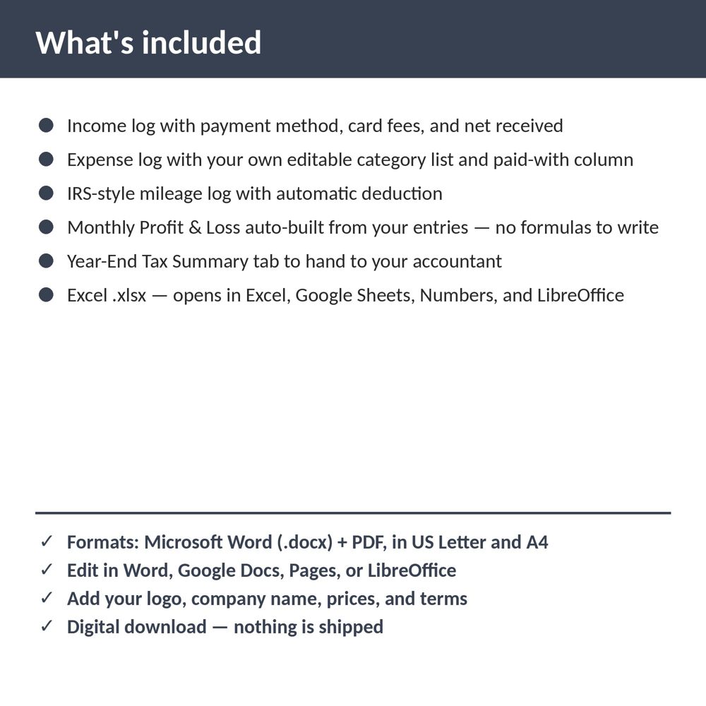 Locksmith Bookkeeping, Expense & Mileage Tracker Spreadsheet — what is included