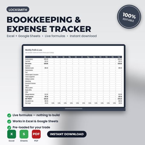 Locksmith Bookkeeping, Expense & Mileage Tracker Spreadsheet — Locksmith template cover