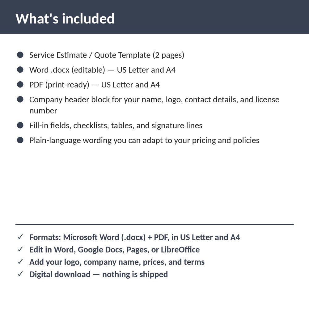 Locksmith Service Estimate / Quote Template — what is included