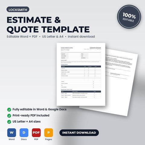 Locksmith Service Estimate / Quote Template — Locksmith template cover