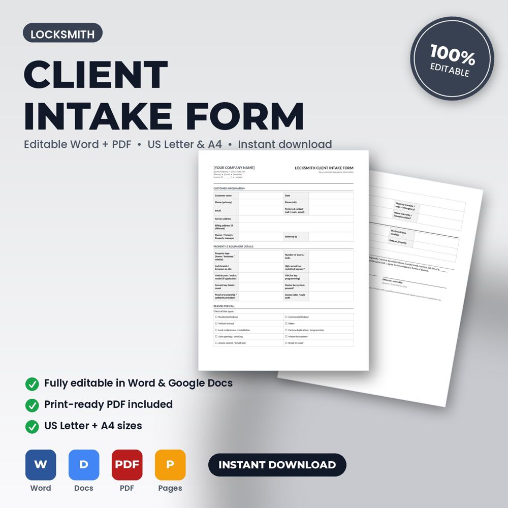 Locksmith Client Intake & Property Information Form — cover preview