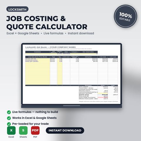 Locksmith Job Costing & Quote Calculator Spreadsheet template cover
