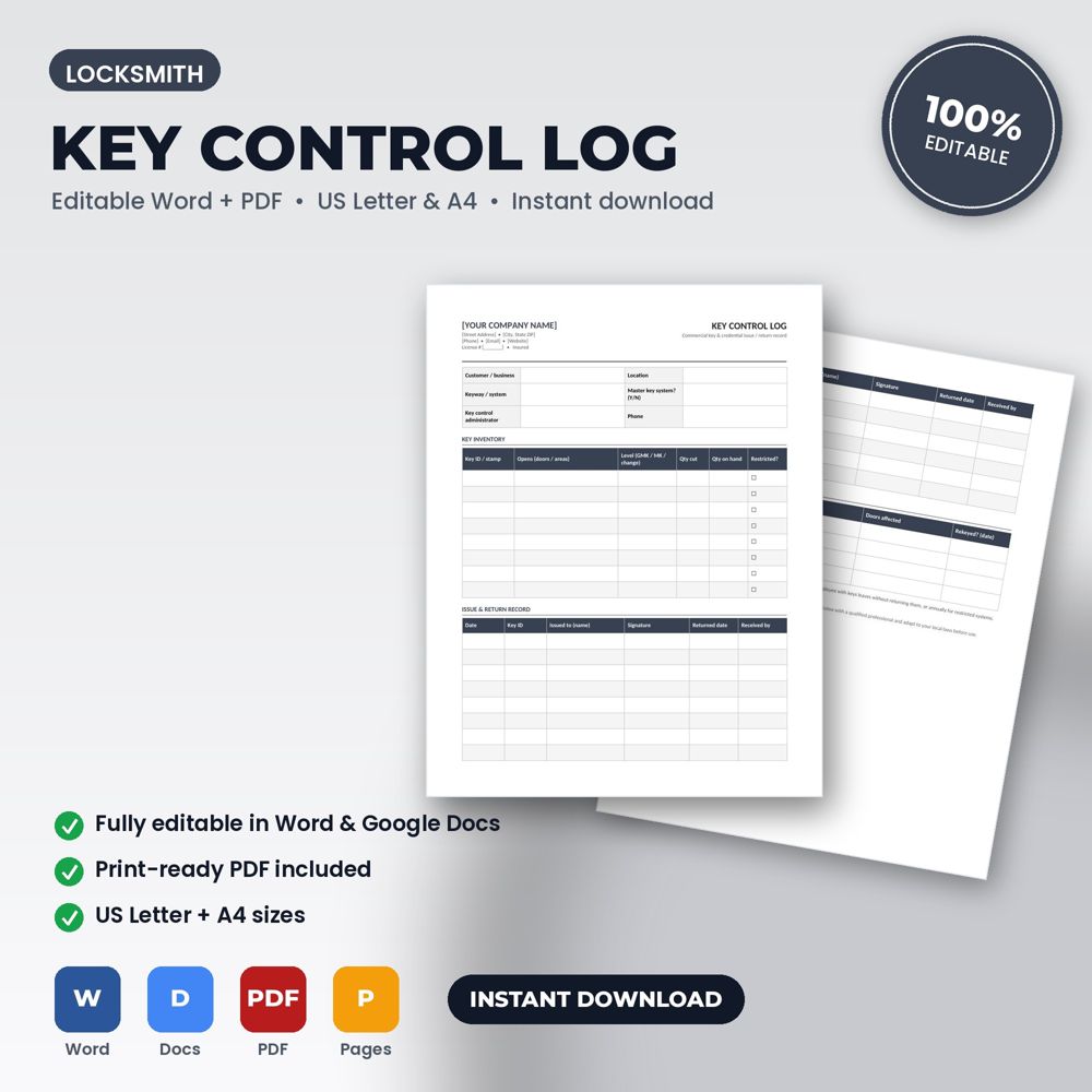 Locksmith Commercial Key Control Log — cover preview