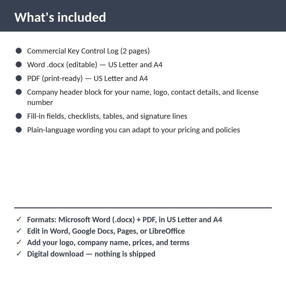 Locksmith Commercial Key Control Log — what is included