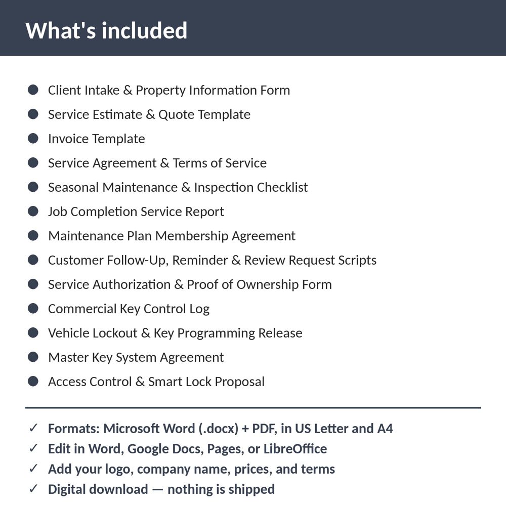 Locksmith Complete Business Forms Kit — what is included