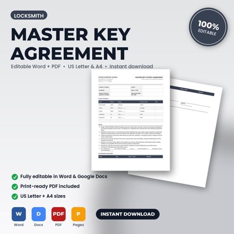 Locksmith Master Key System Agreement — Locksmith template cover