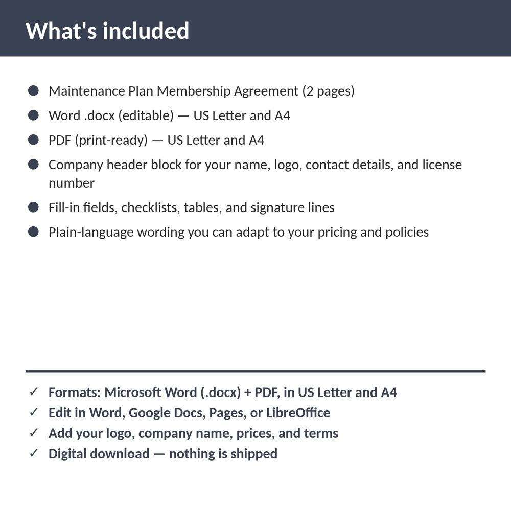 Locksmith Maintenance Plan Membership Agreement — what is included