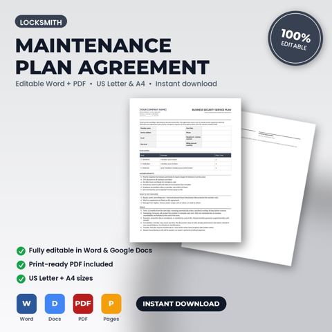 Locksmith Maintenance Plan Membership Agreement — Locksmith template cover