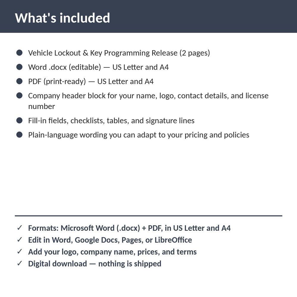 Locksmith Vehicle Lockout & Key Programming Release — what is included
