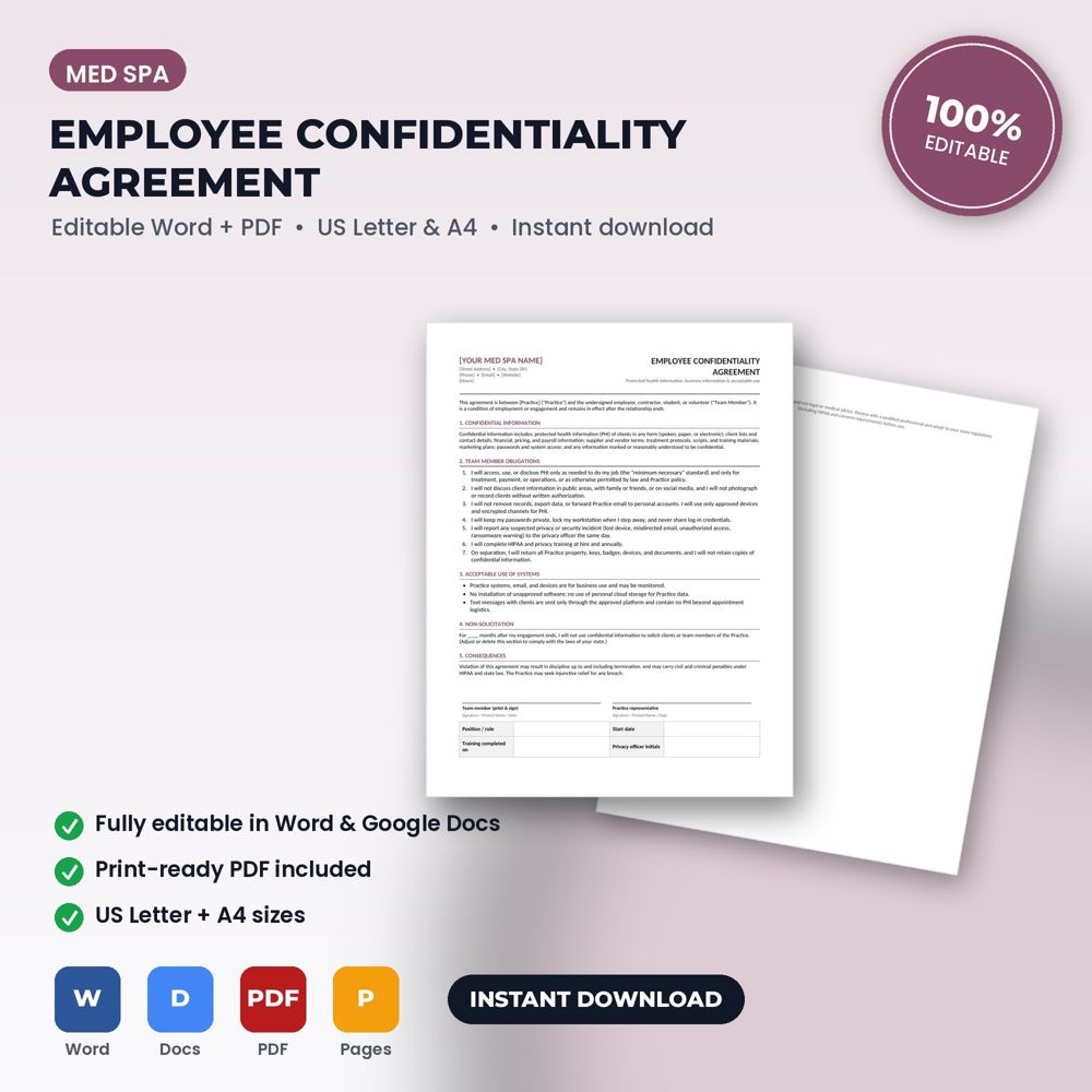 Med Spa Employee Confidentiality & HIPAA Agreement — cover preview