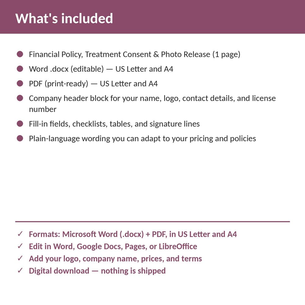 Med Spa Financial Policy, Treatment Consent & Photo Release — what is included