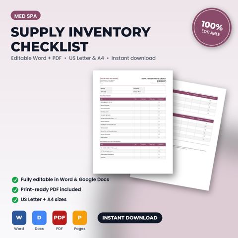 Med Spa Supply Inventory & Order Checklist — Med Spa template cover
