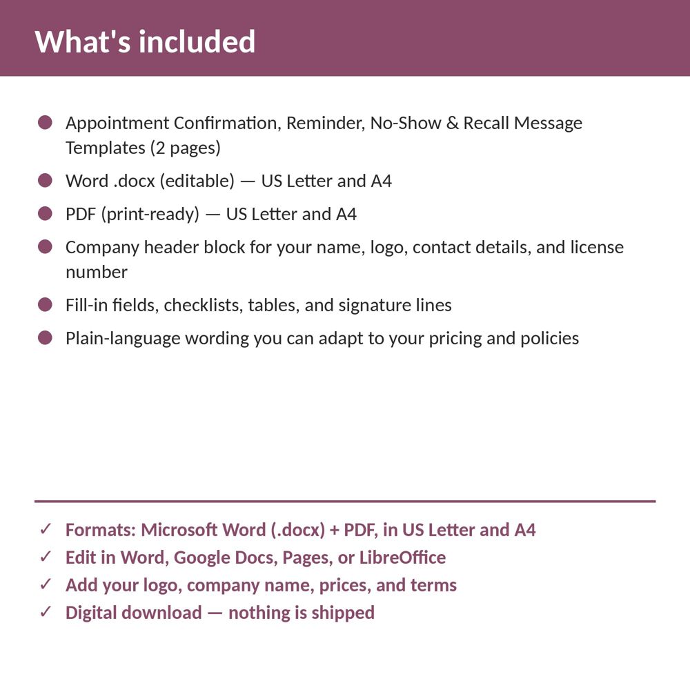 Med Spa Appointment Confirmation, Reminder, No-Show & Recall Message Templates — what is included