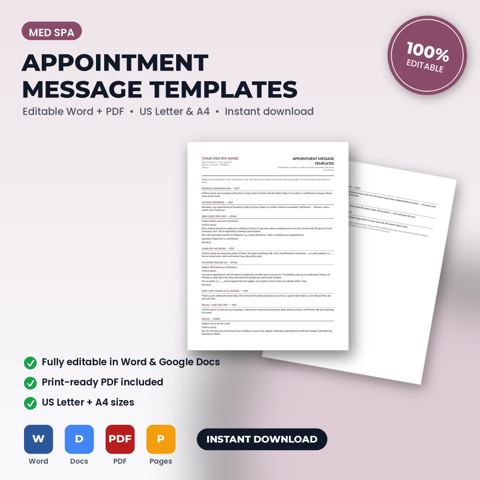 Med Spa Appointment Confirmation, Reminder, No-Show & Recall Message Templates — Med Spa template cover