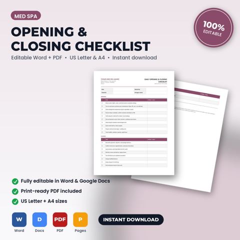 Med Spa Daily Opening & Closing Checklist — Med Spa template cover