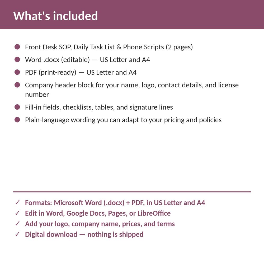 Med Spa Front Desk SOP, Daily Task List & Phone Scripts — what is included