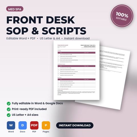 Med Spa Front Desk SOP, Daily Task List & Phone Scripts — Med Spa template cover