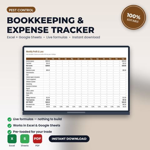 Pest Control Bookkeeping, Expense & Mileage Tracker Spreadsheet — Pest Control template cover
