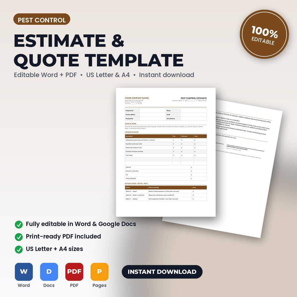 Pest Control Service Estimate / Quote Template — cover preview