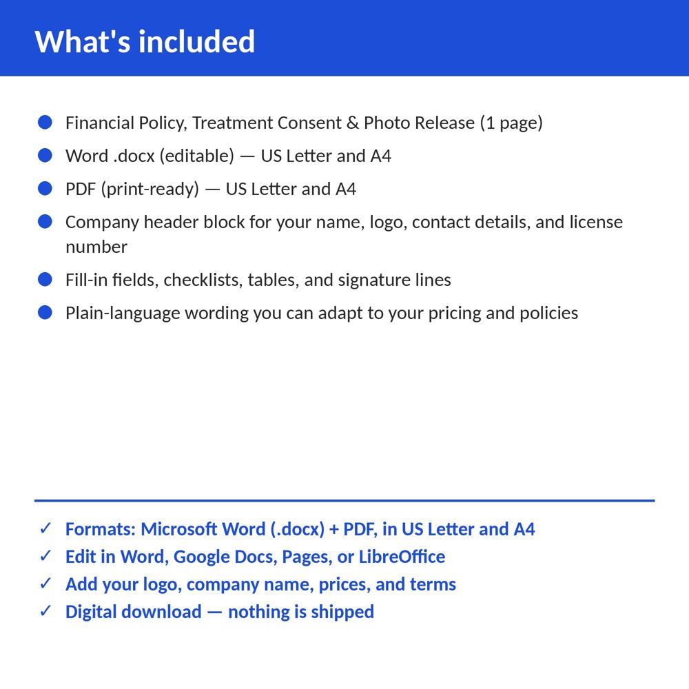 Physical Therapy Clinic Financial Policy, Treatment Consent & Photo Release — what is included