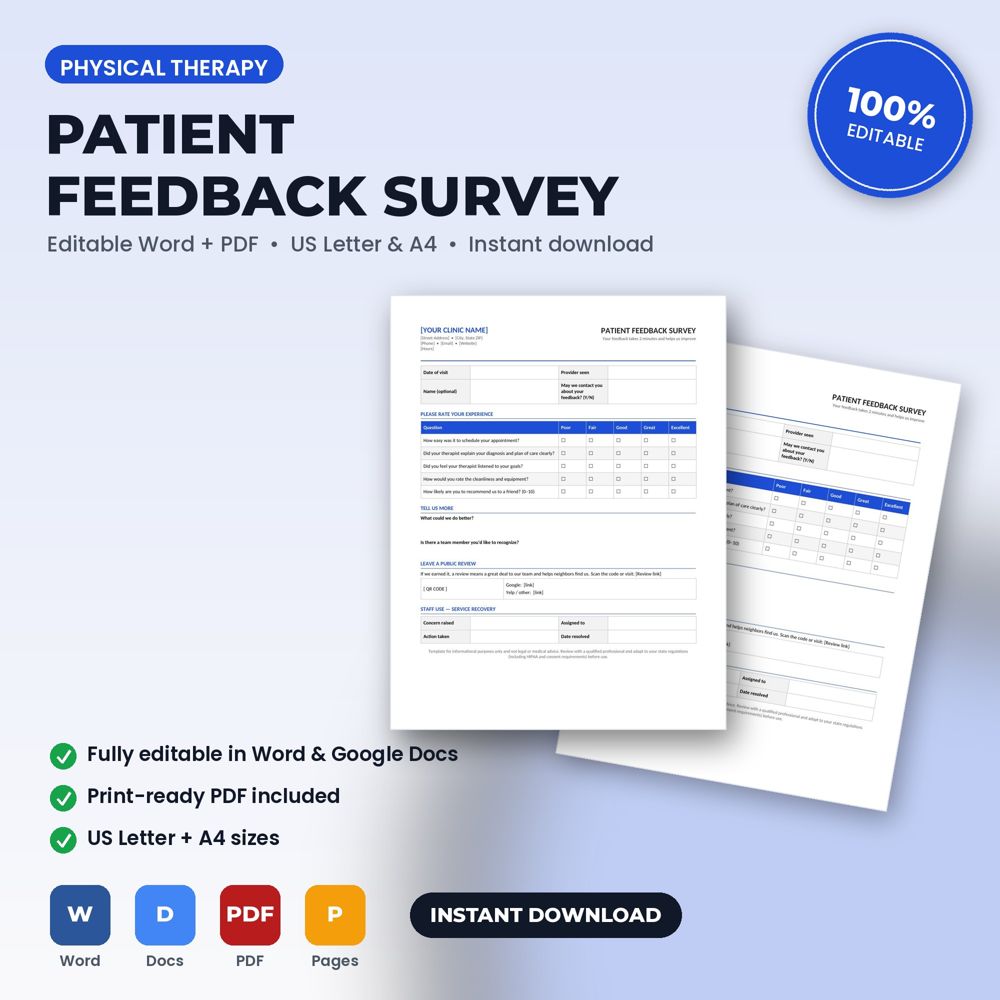 Physical Therapy Clinic Feedback Survey & Review Request Form — cover preview